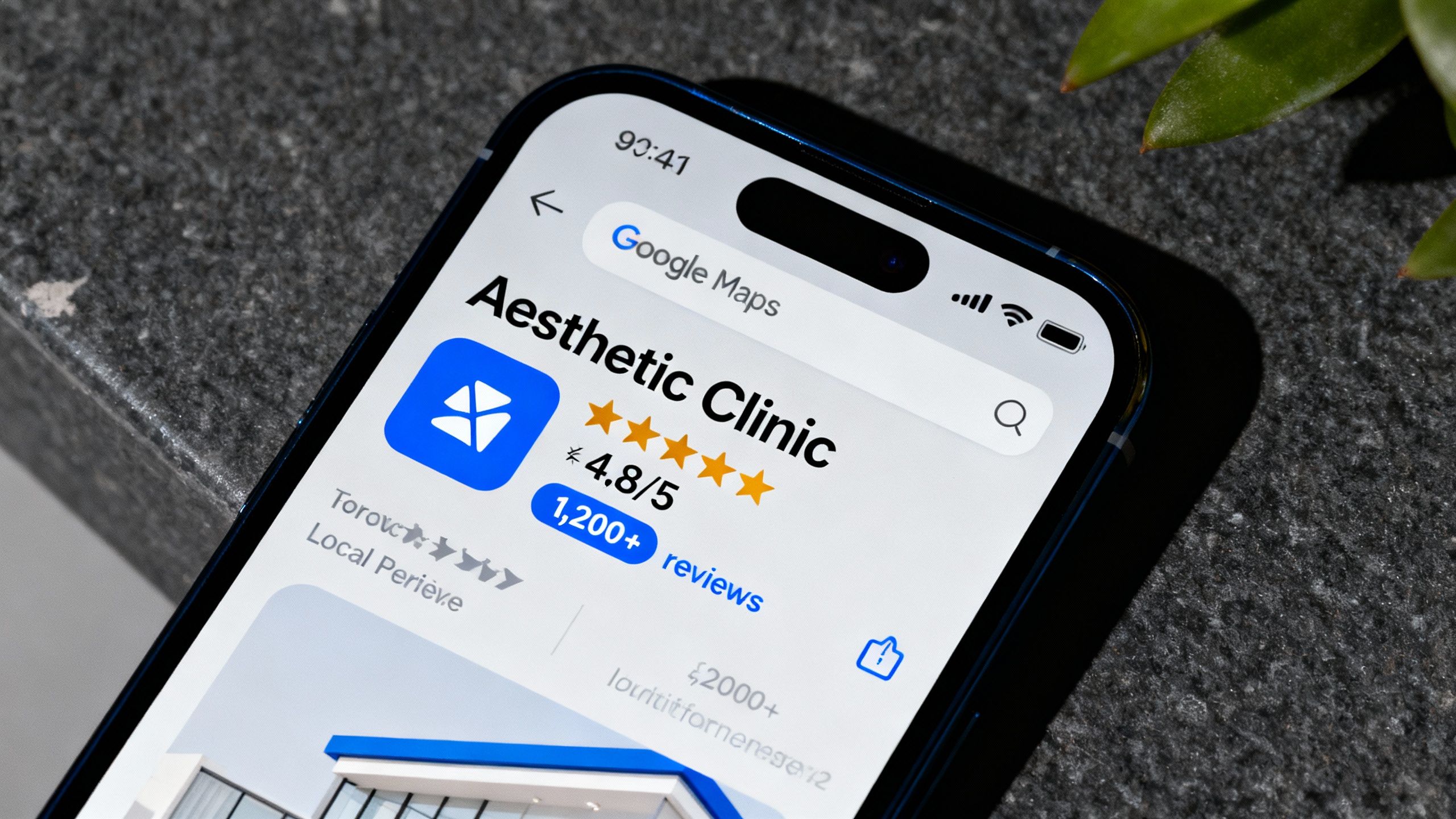 Google Maps listing with excellent reviews for an aesthetic clinic.