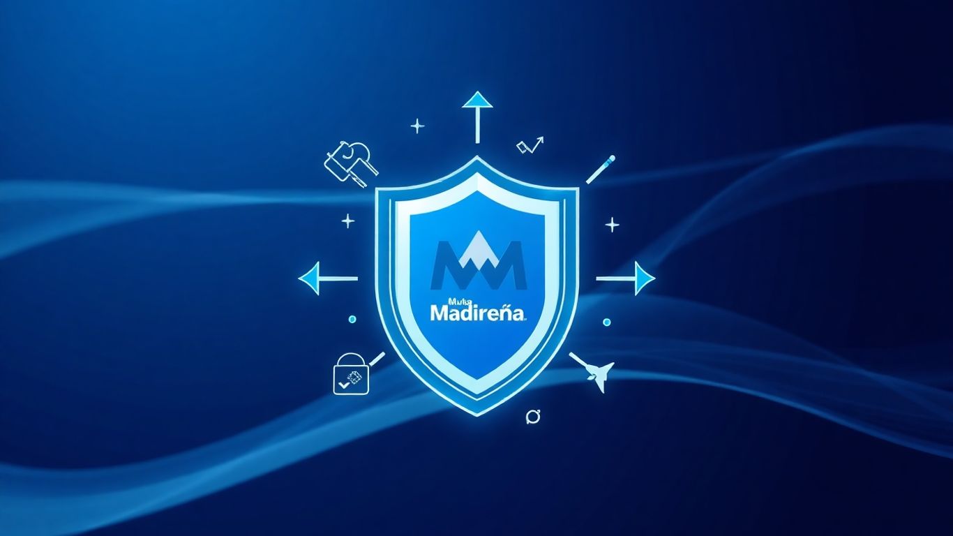 Logo de Mutua Madrileña con escudo y fondo azul.