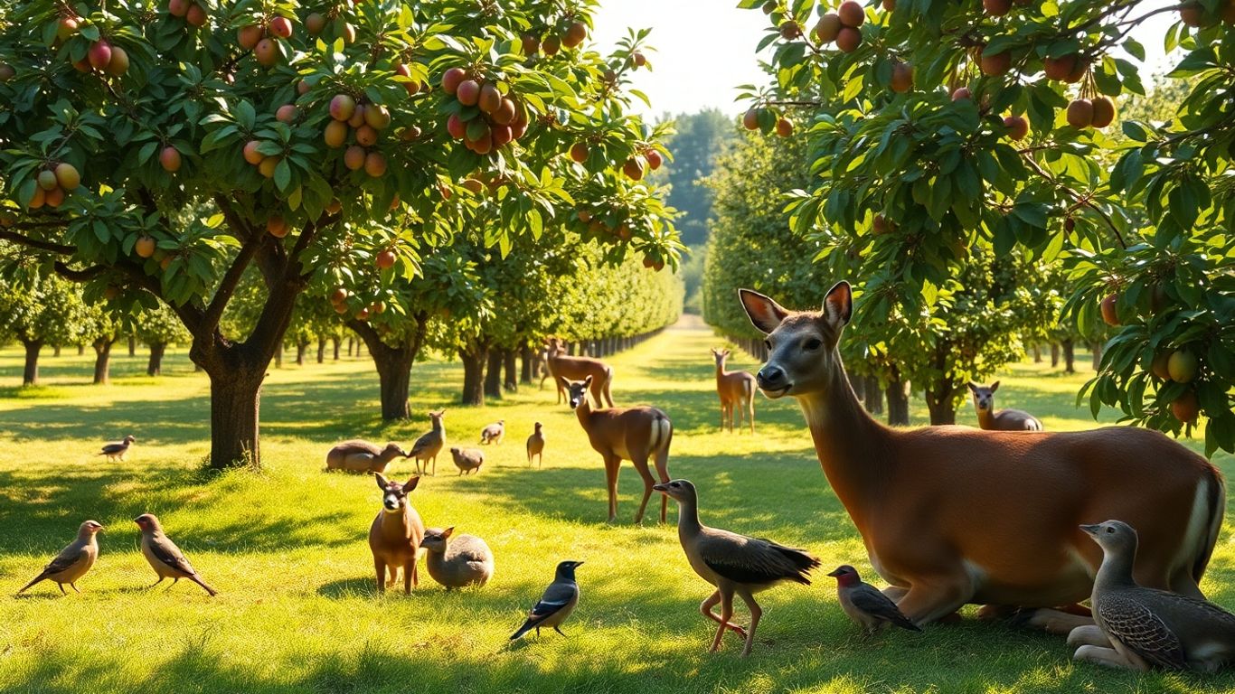 Wildlife near parkland and orchard trees.