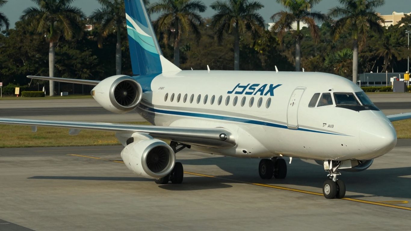 JSX jet on tarmac with palm trees in background.