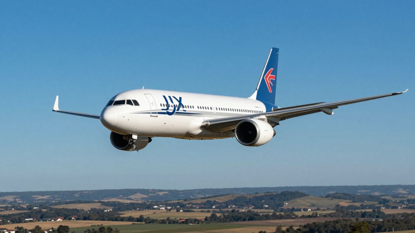 JSX airplane flying in a blue sky over landscape.