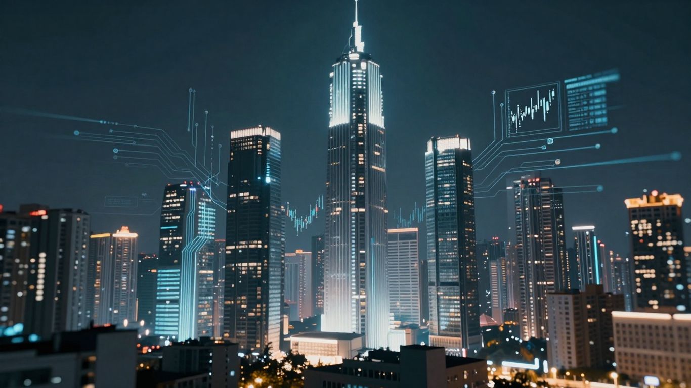 Futuristic cityscape with AI and financial data elements.