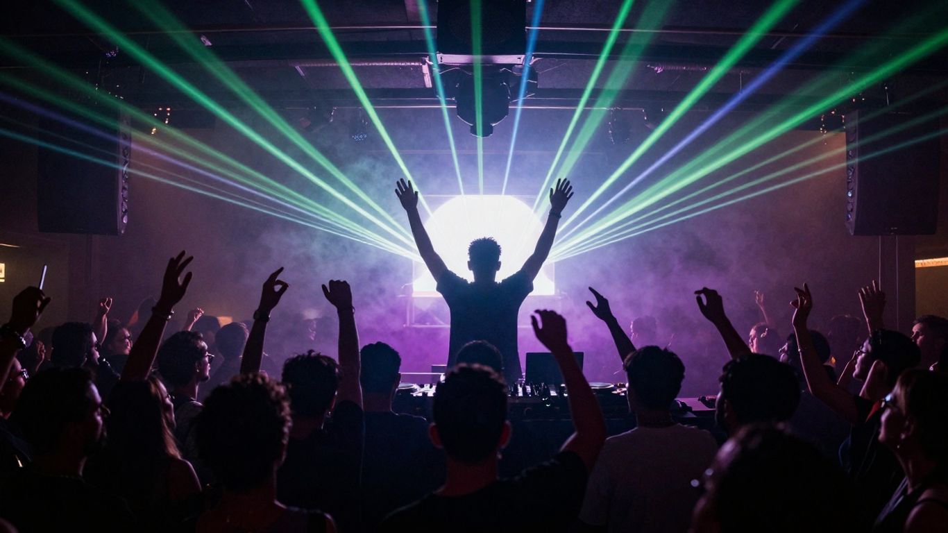 DJ playing music in a club with laser lights.
