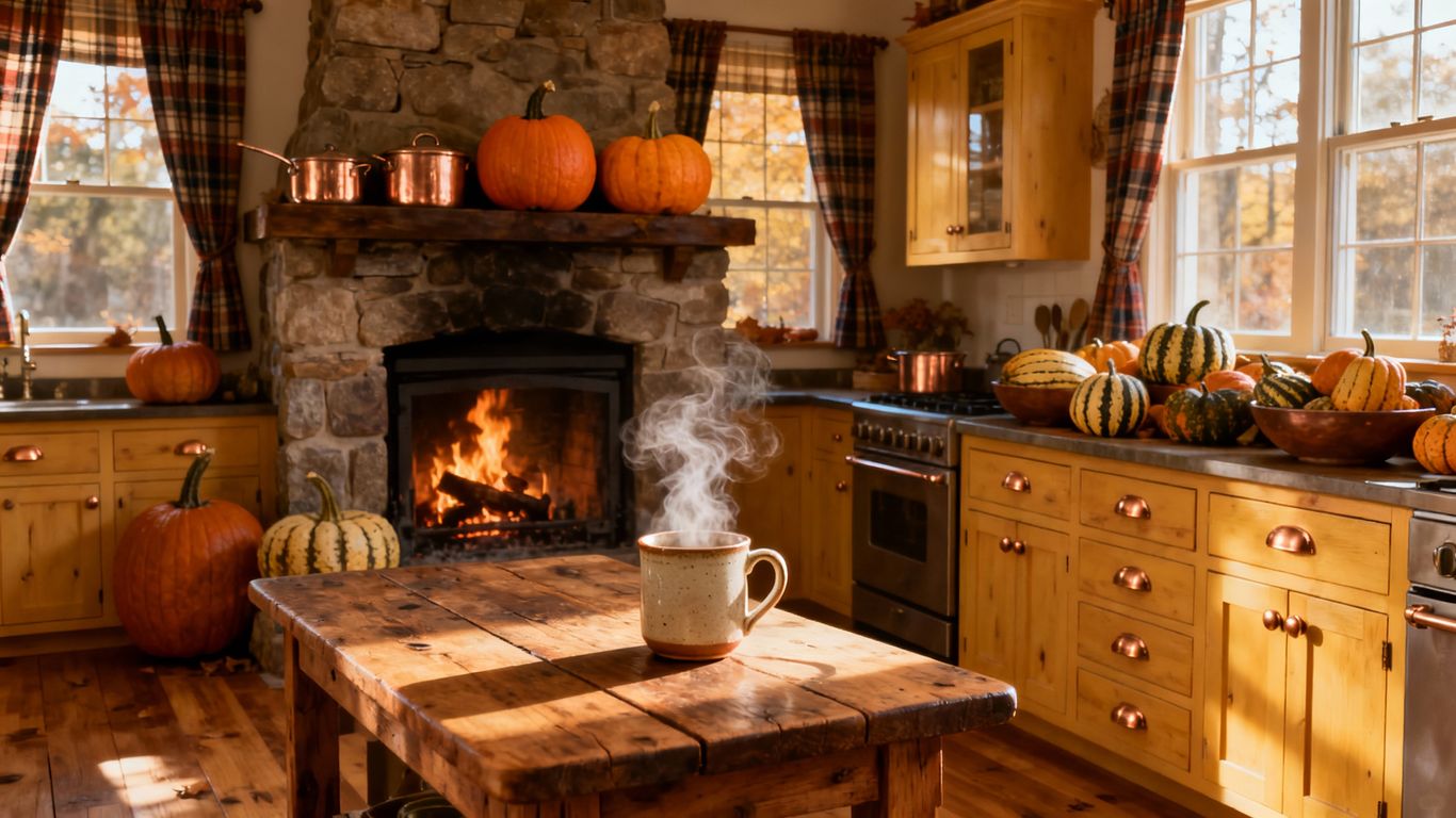 Cozy autumn kitchen with fireplace and pumpkins.