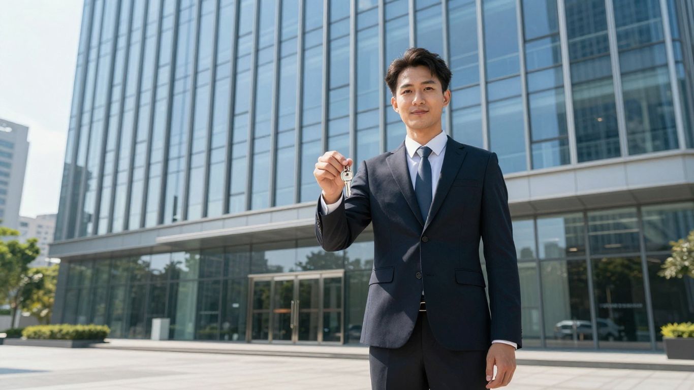 Real estate agent with keys in front of office building.