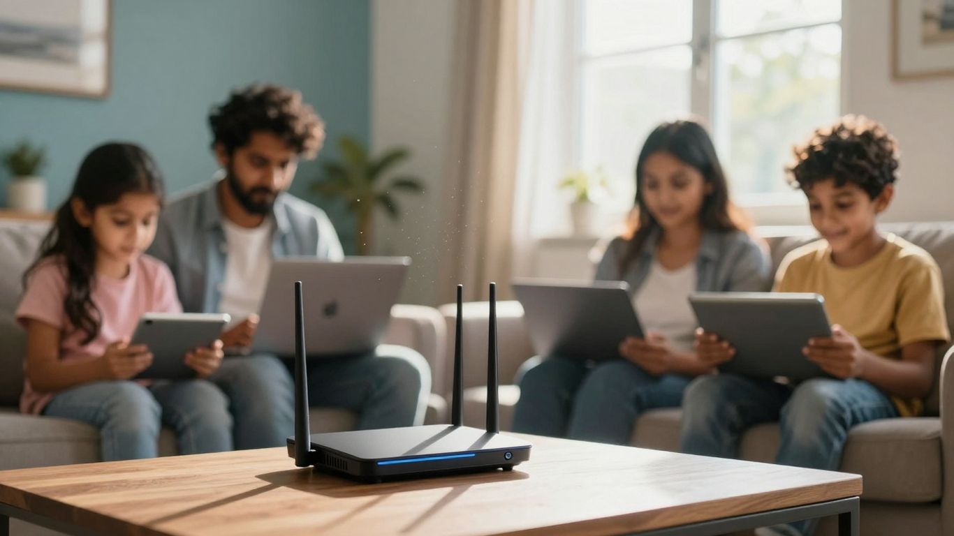 Família feliz usando internet fibra ótica em casa.