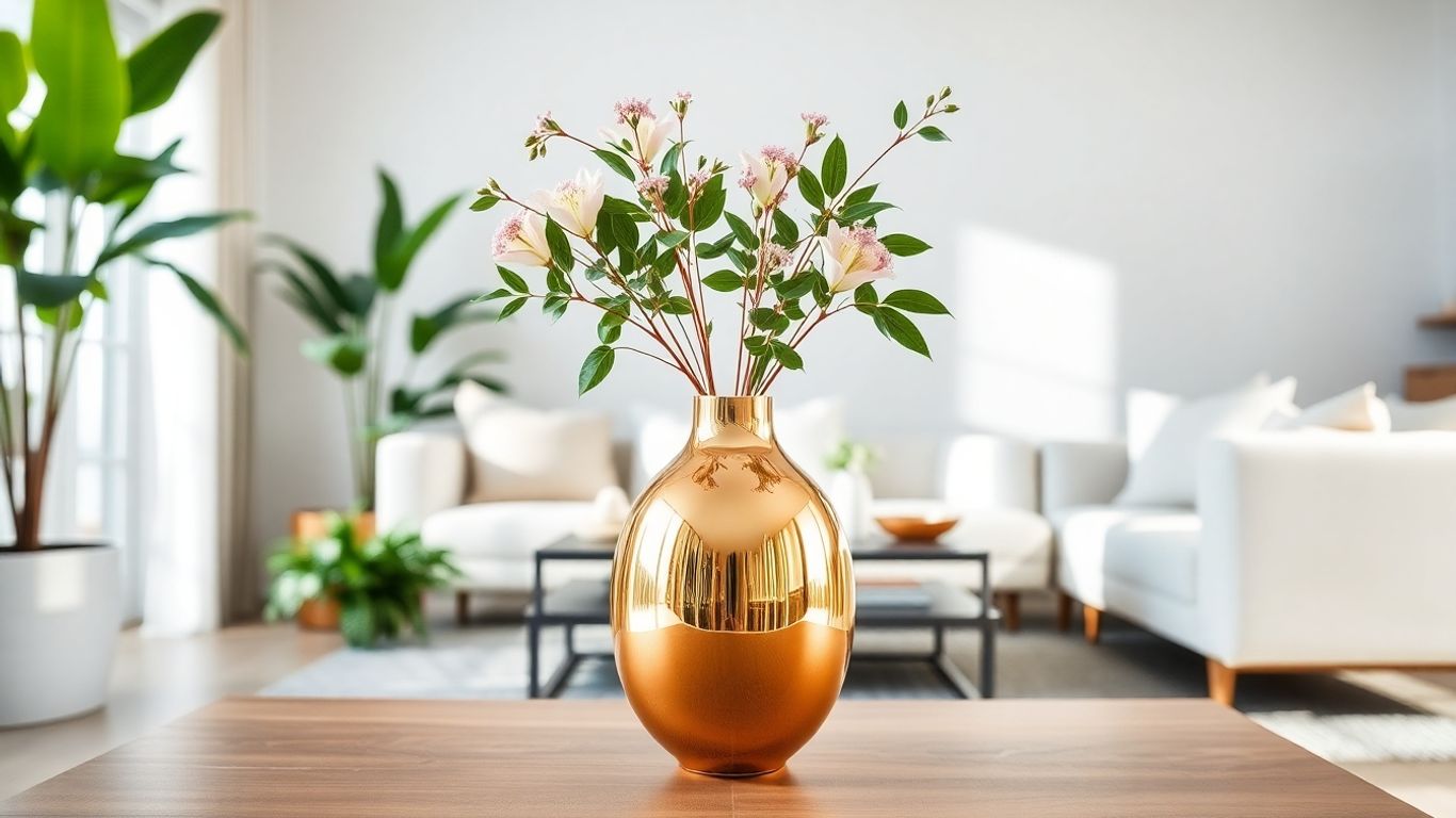 Gold vase on modern living room coffee table.