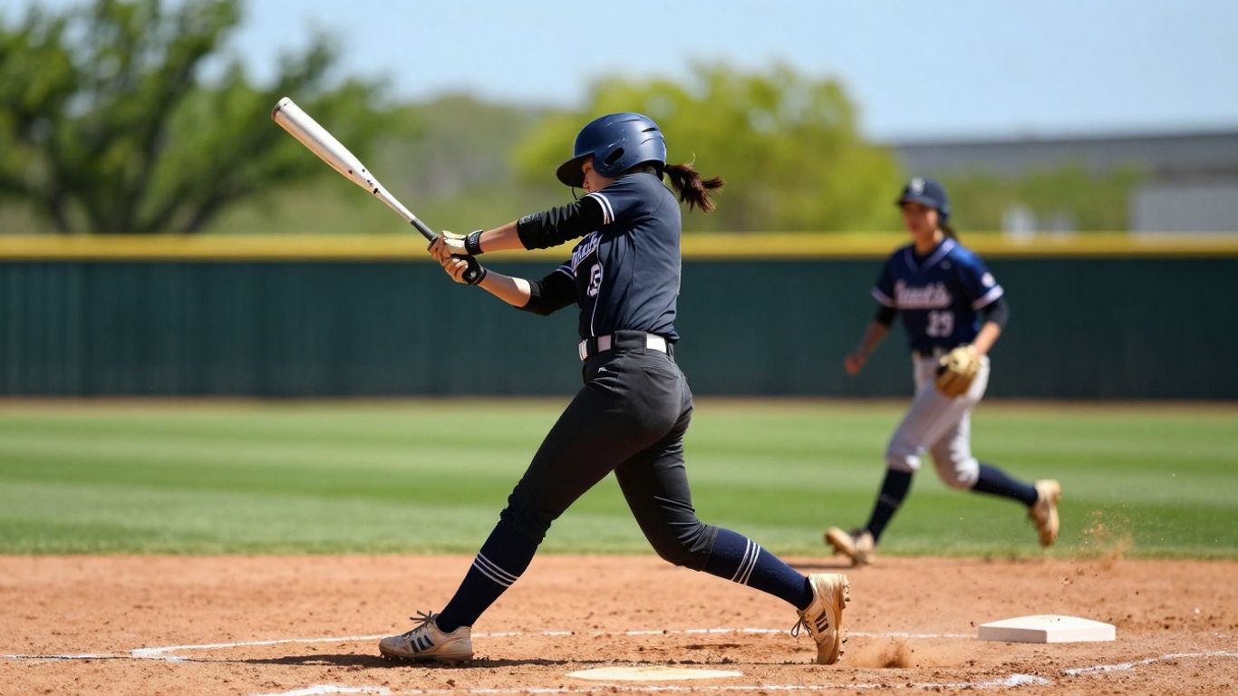 Softball players in action on a sunny field.