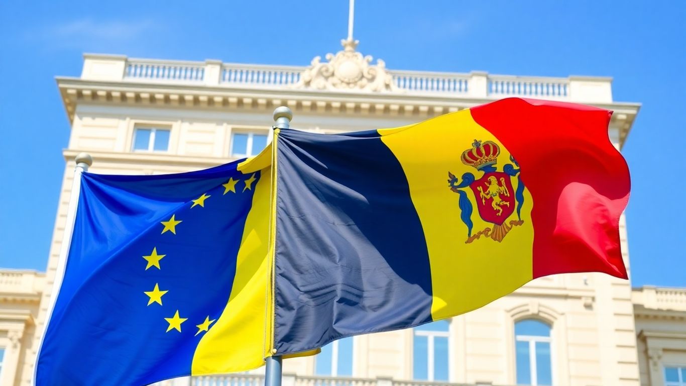Drapelele UE și România fluturând împreună afară.