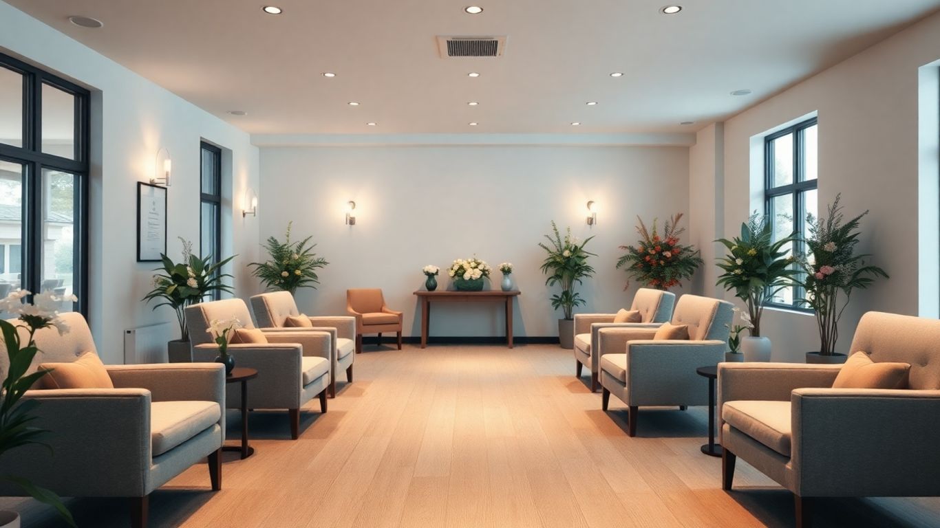 Interior de funeraria moderna y serena.