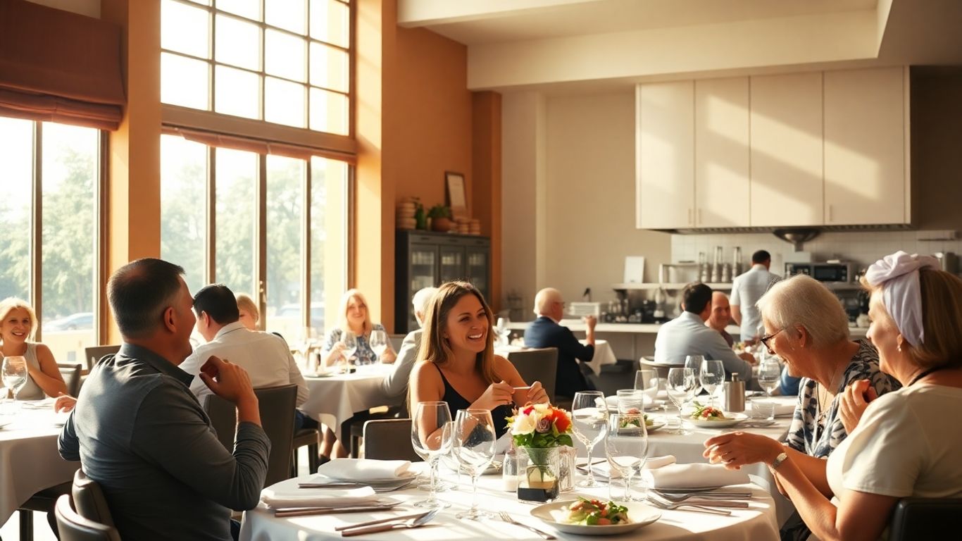 Oameni fericiți savurând mâncare într-un restaurant elegant.