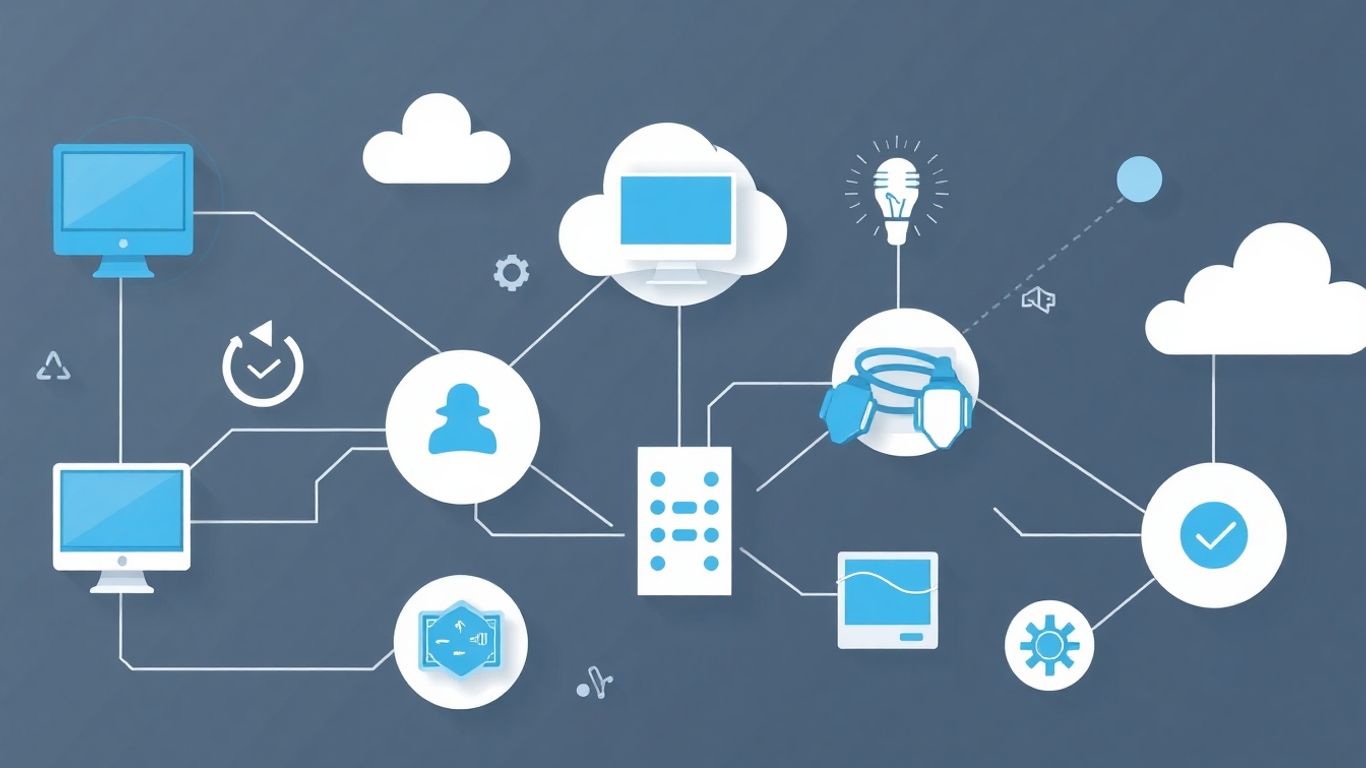 IT support infographic with tech icons.