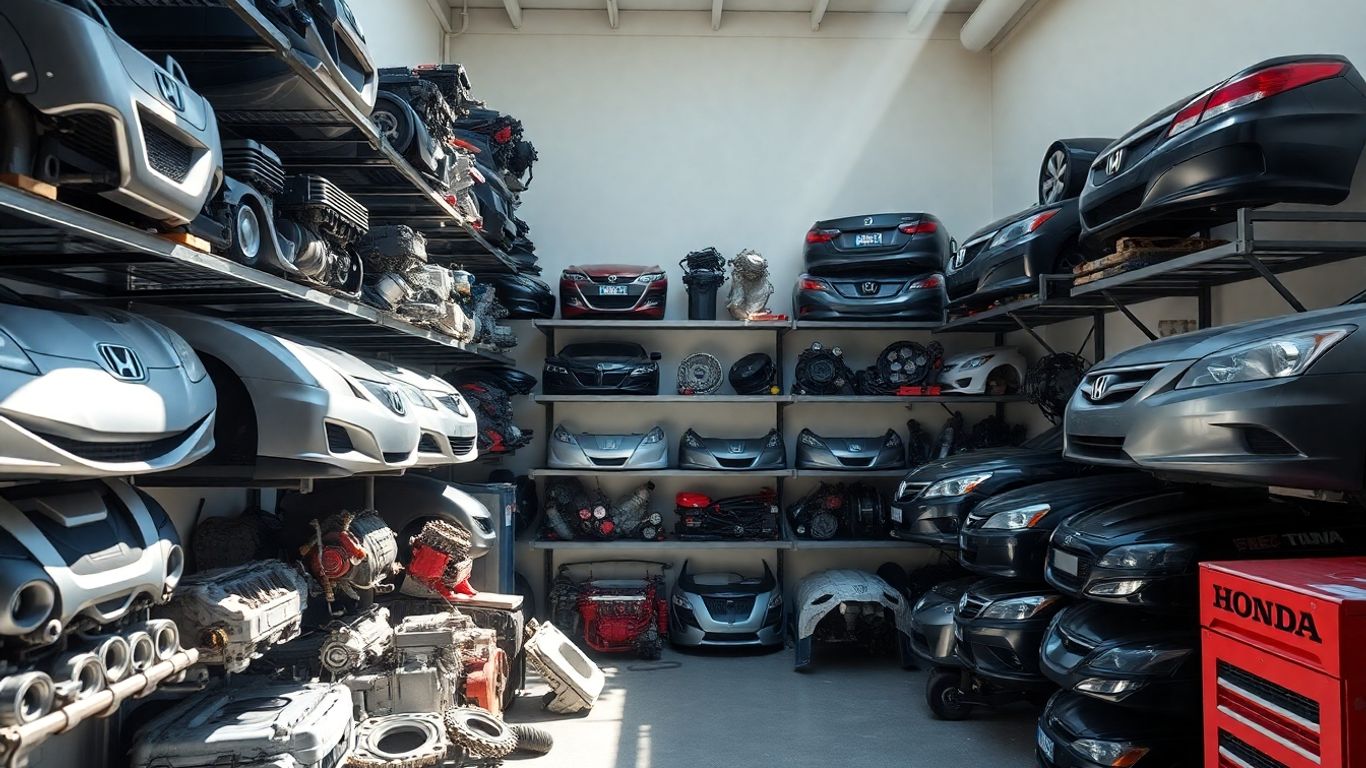 Used Honda auto parts in a workshop