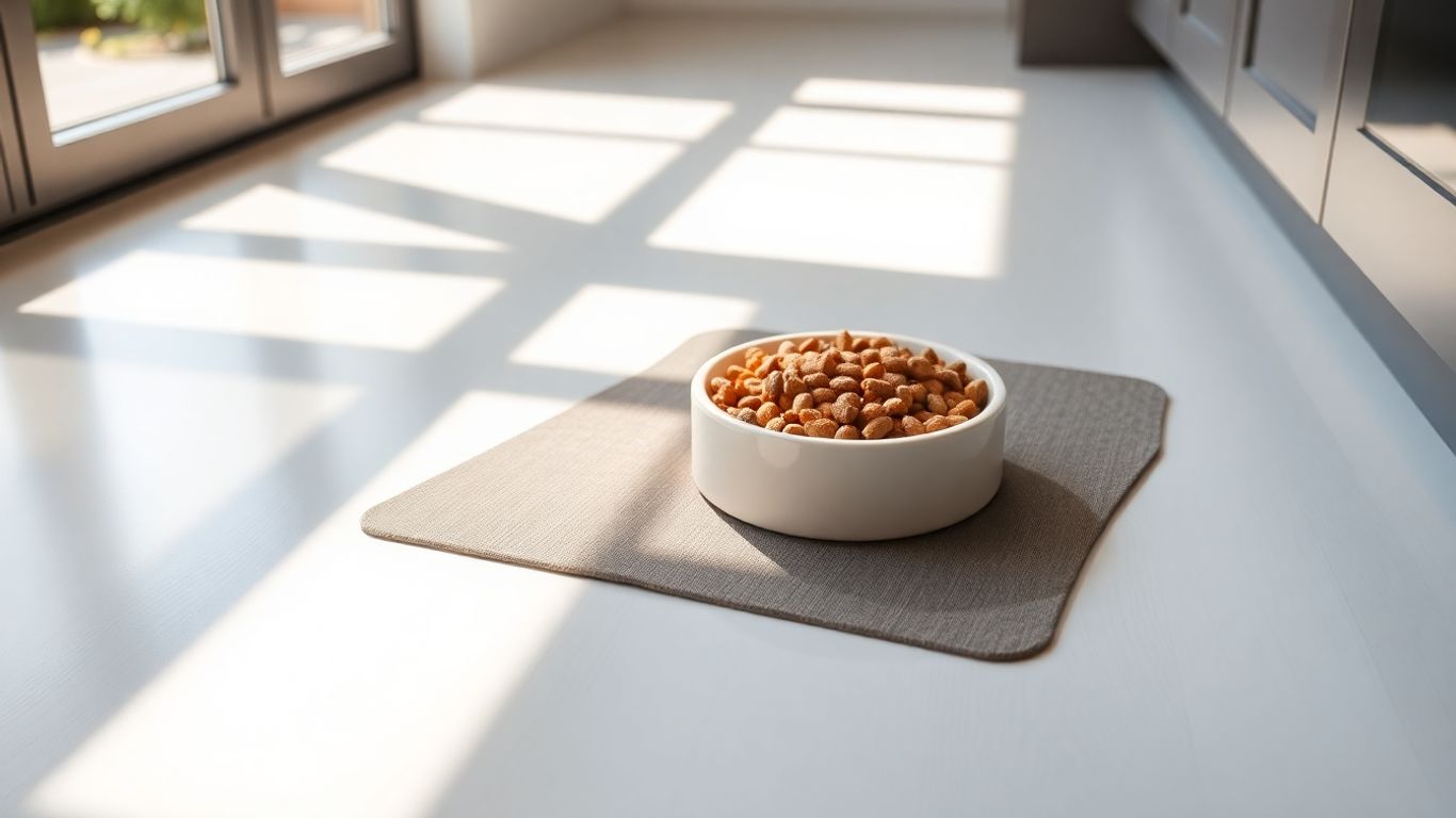 Cat bowl on a non-slip mat preventing spills.