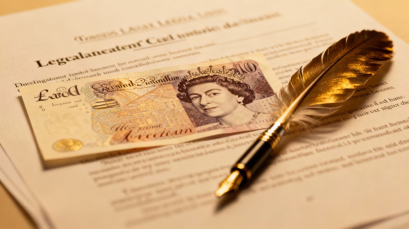 UK pound note and quill pen on a legal document.