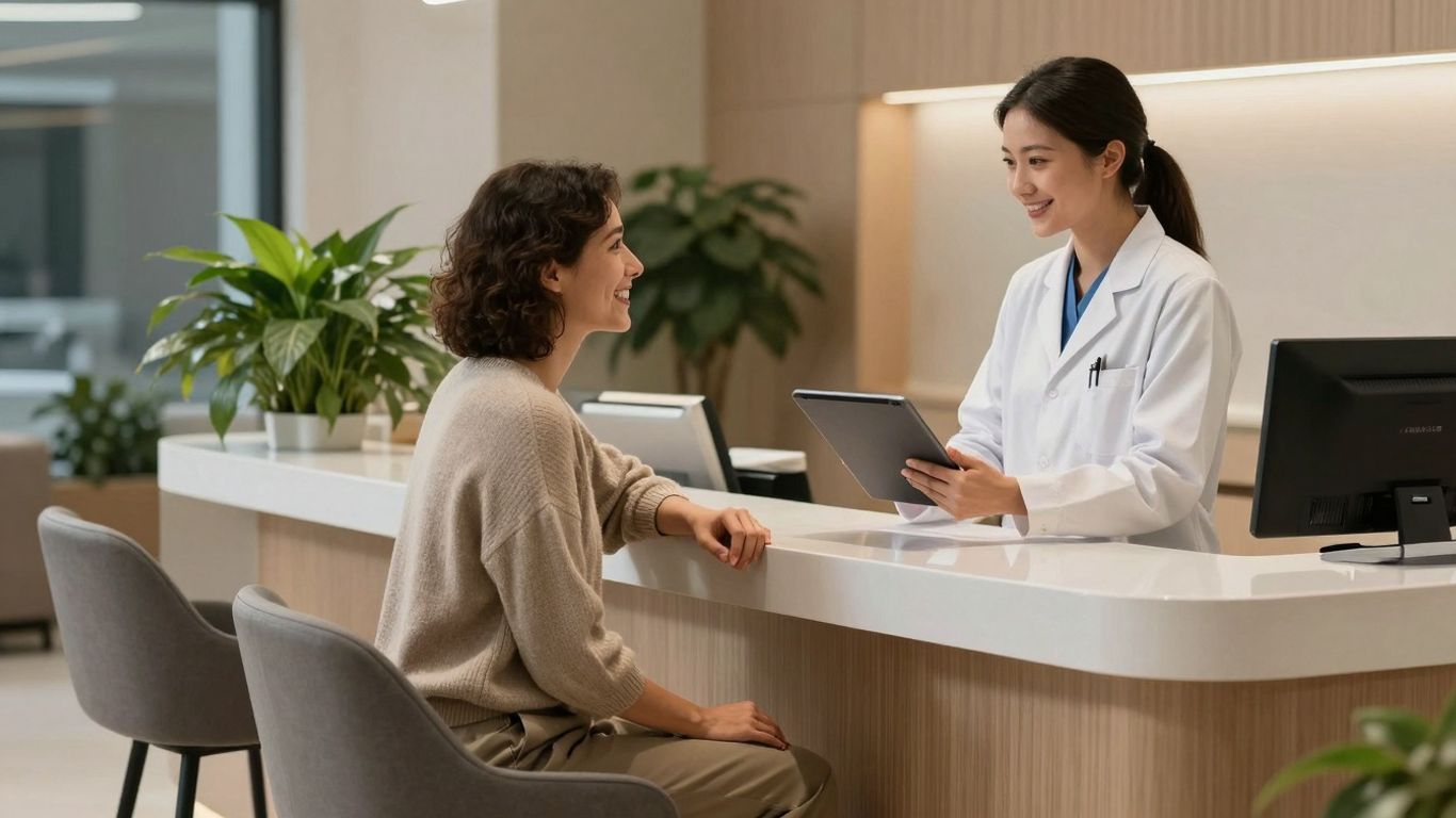 Modern clinic reception with patient and staff using tablet.