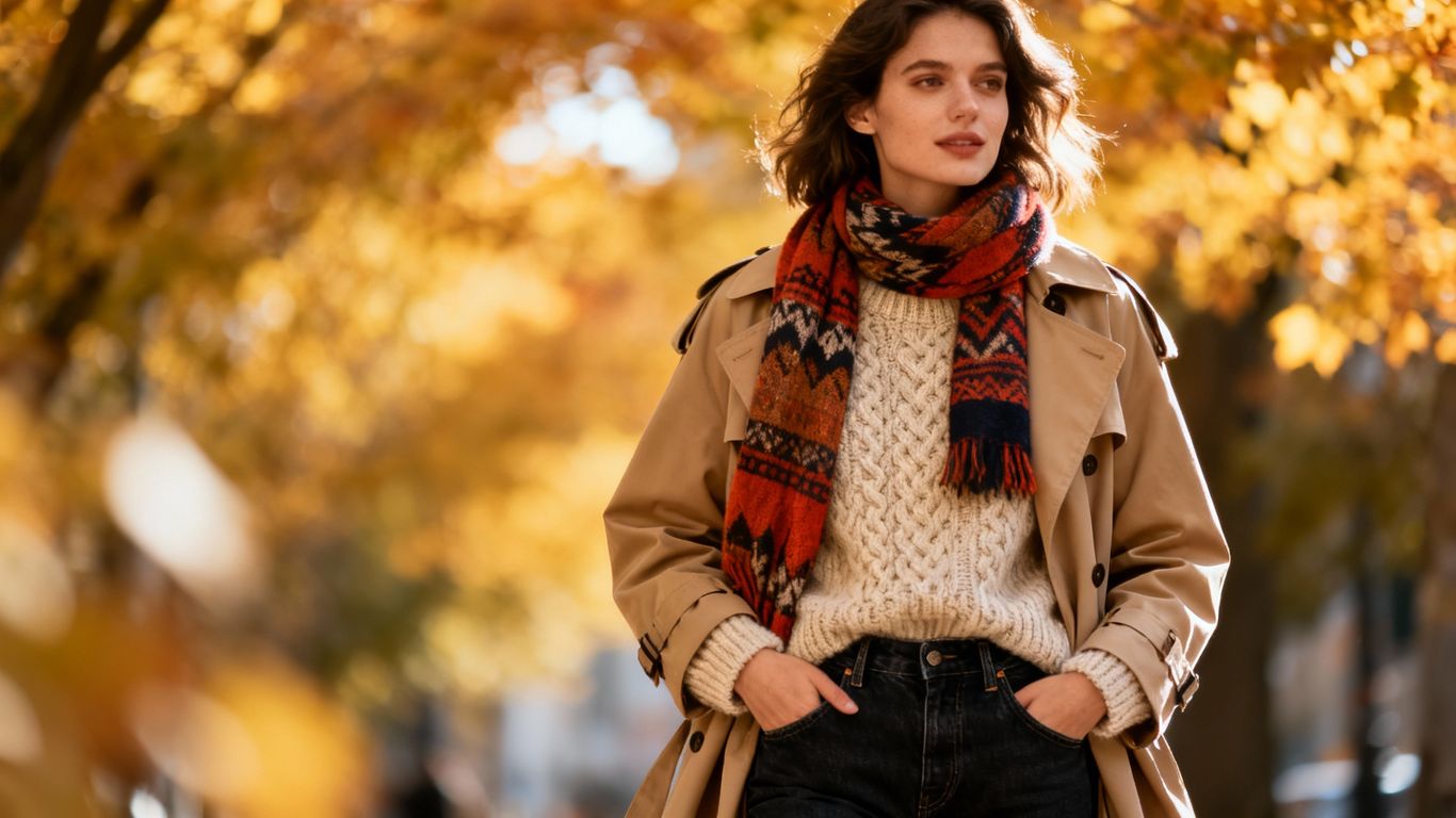 Woman in stylish autumn fashion with scarf and trench coat.
