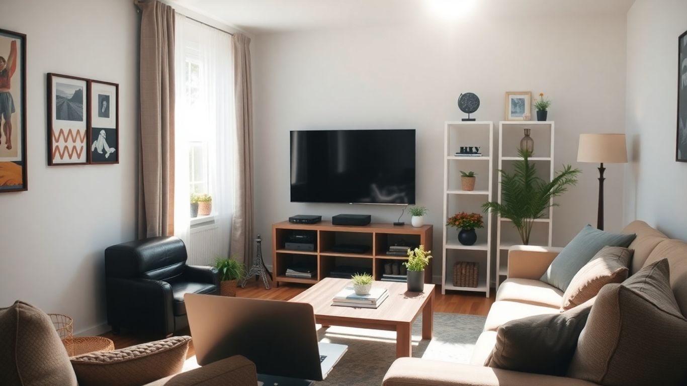 Sala de estar con objetos de valor y luz solar.