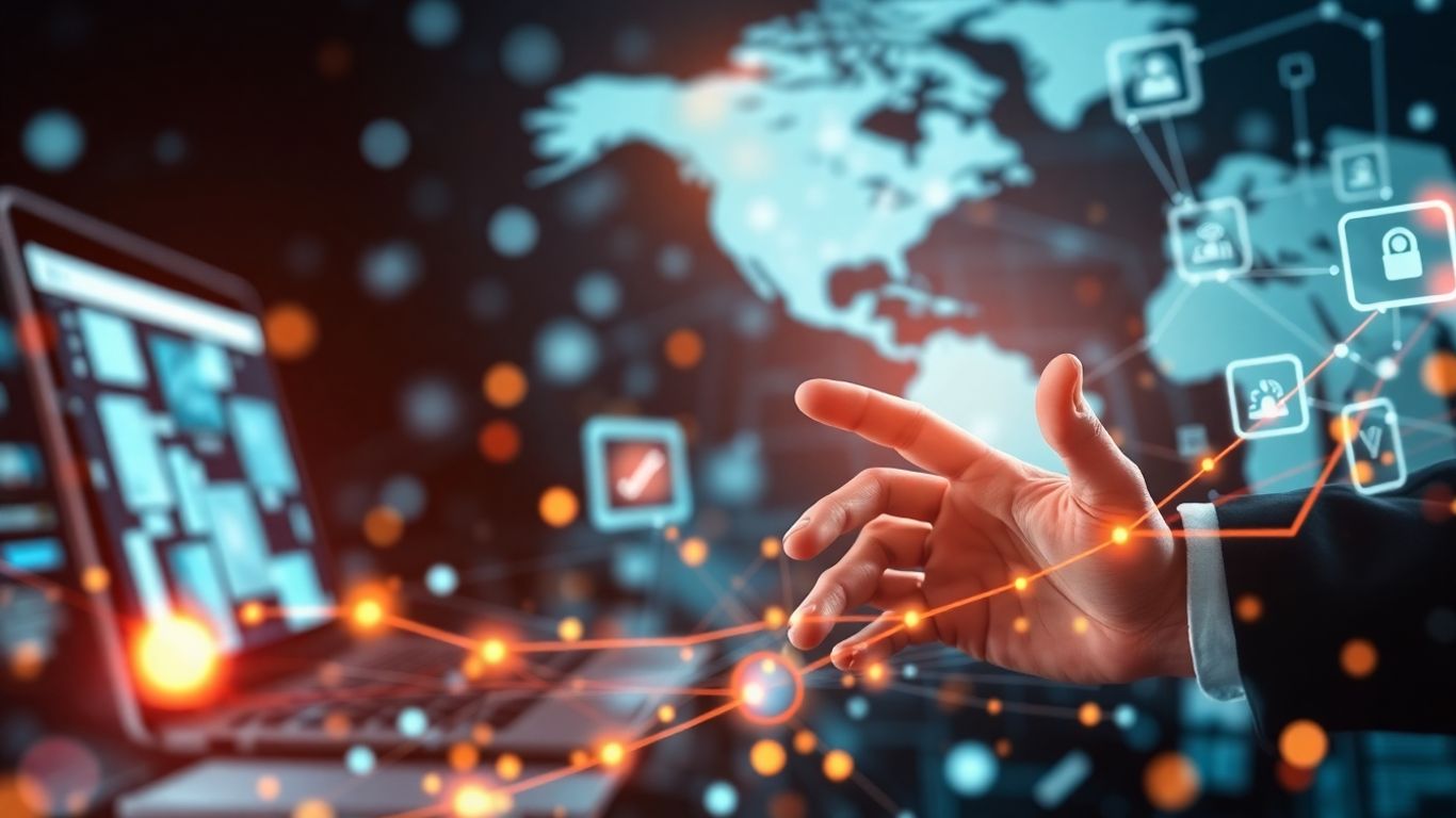 Modern CRM technology and data flow visualization.