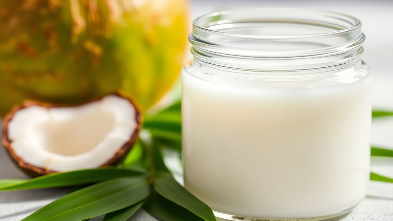 Jar of coconut oil with green leaves.