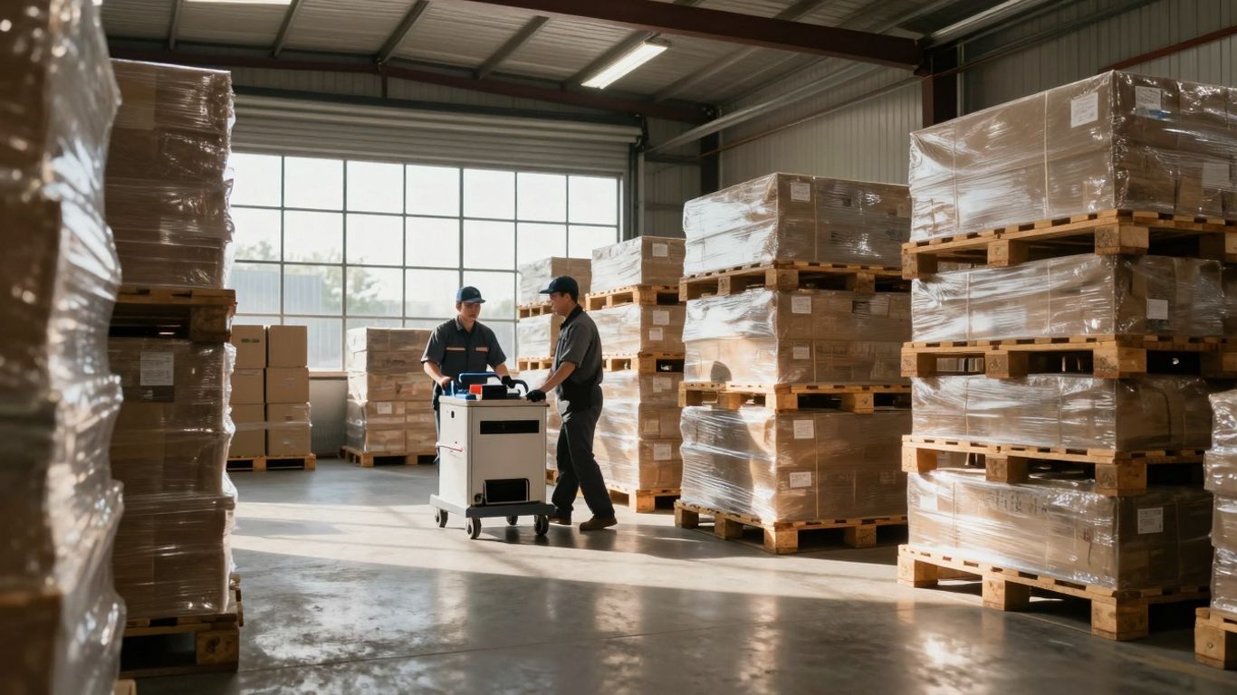 Profesionálne upratovanie skladu, čisté regály a podlaha.