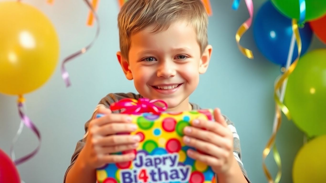Happy boy receiving a personalized birthday gift.