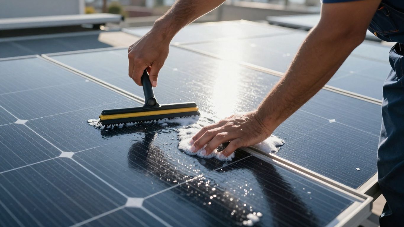 Nettoyage de panneaux solaires sur un toit ensoleillé.