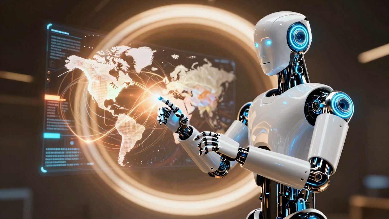 AI sales agent interacting with holographic data streams.