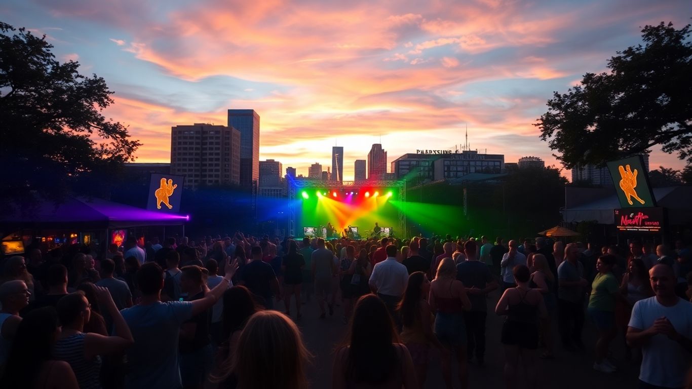 People dancing outdoors at Austin city event sunset