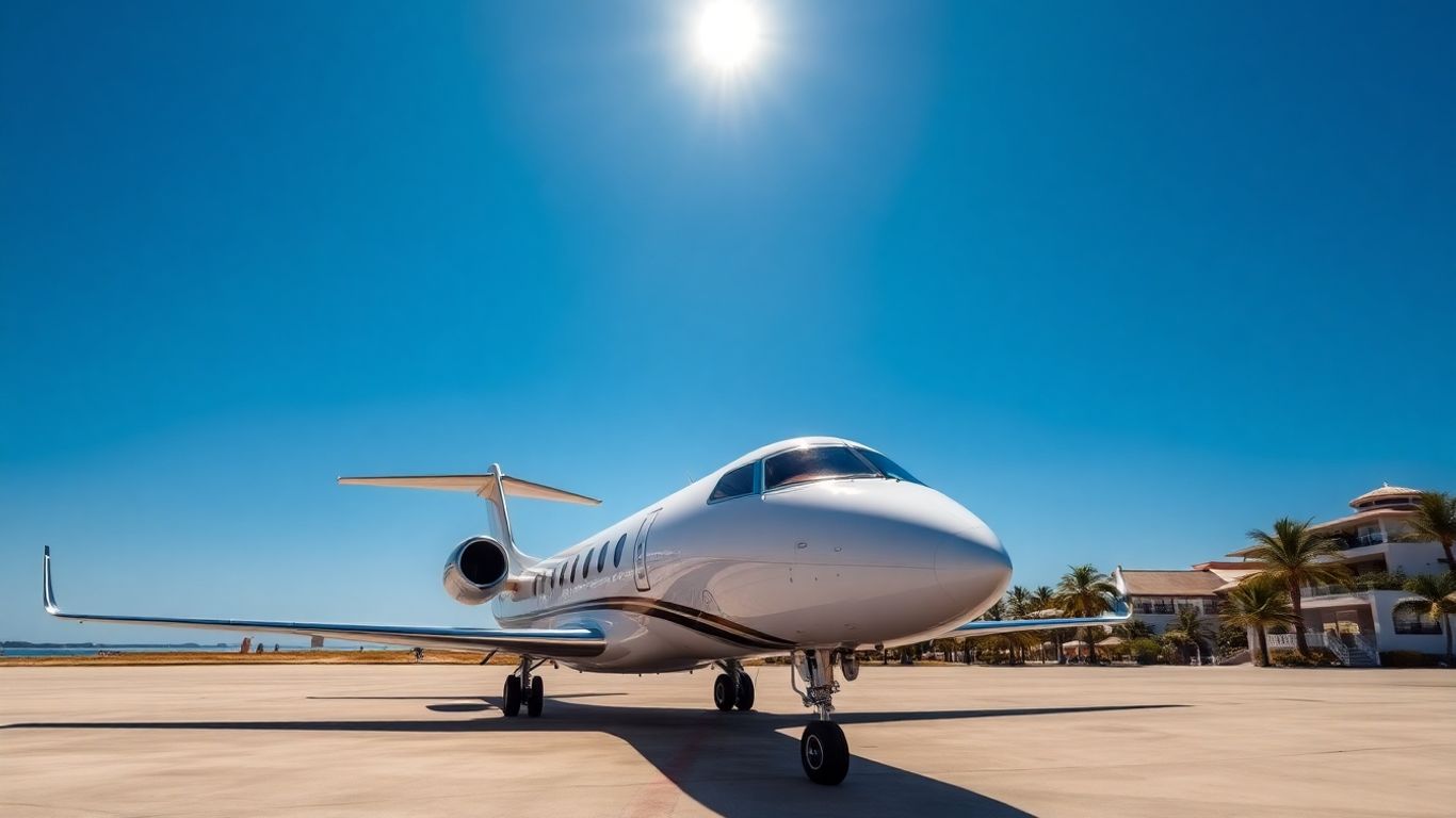 Private jet on tarmac, ready for charter.
