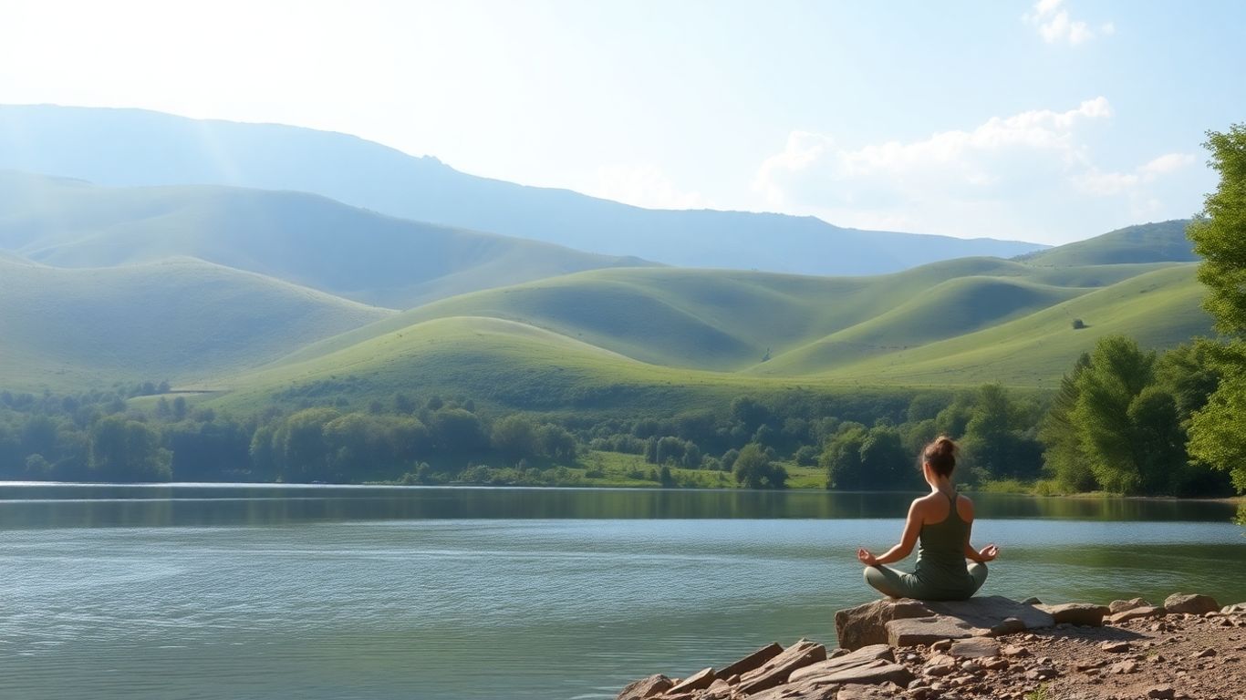 Person meditating by a tranquil lake at a wellness retreat.