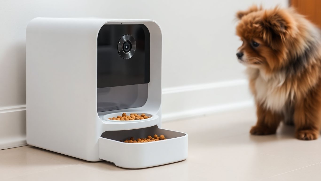 Automatic pet feeder dispensing food for a dog or cat.