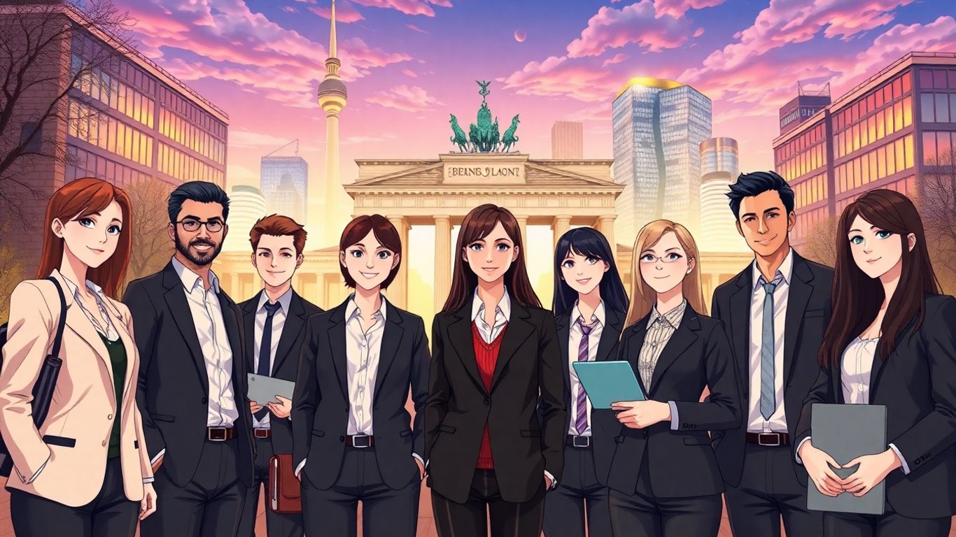 Anime IT professionals with German cityscape background