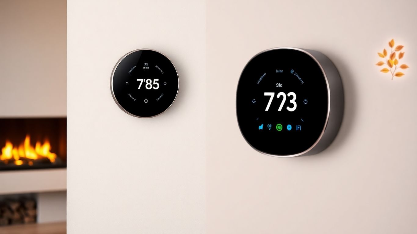 Smart thermostat controlling home heating in fall.