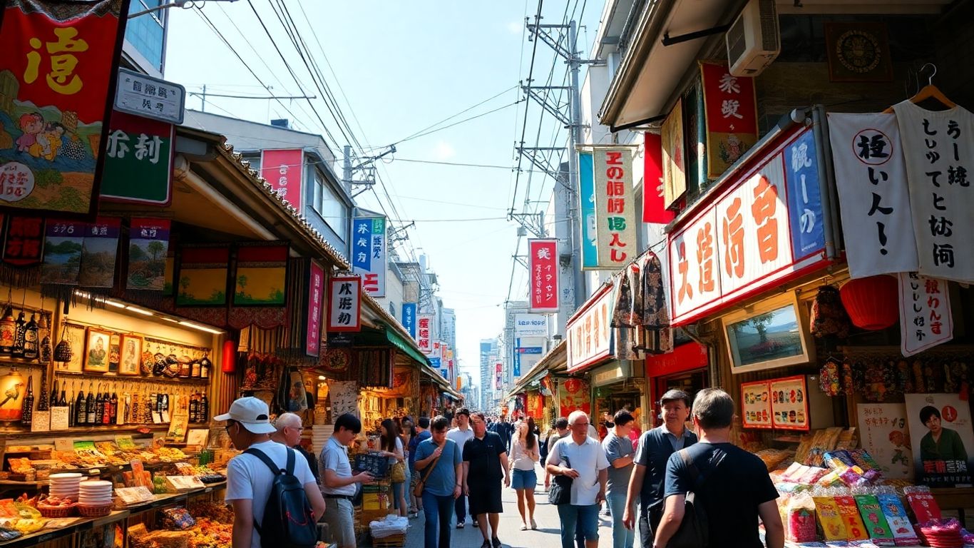 Tokyo market with crafts, food, and souvenirs.