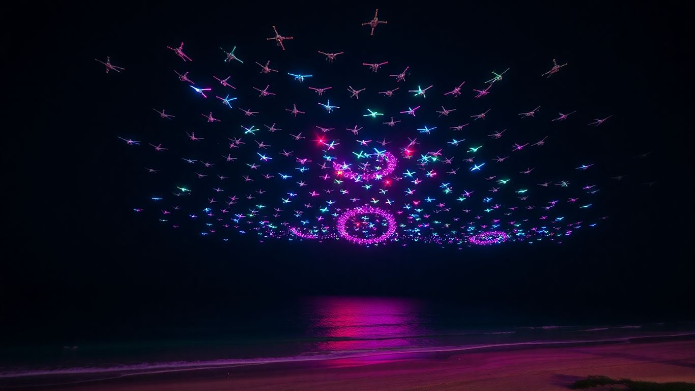 Drone show over a beach at night