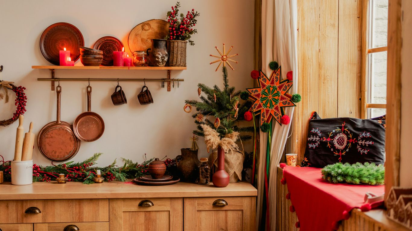 a kitchen filled with lots of christmas decorations
