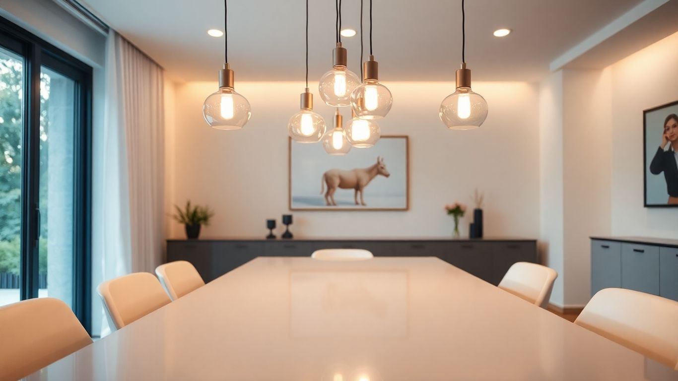 Elegant pendant lights over a modern dining table.