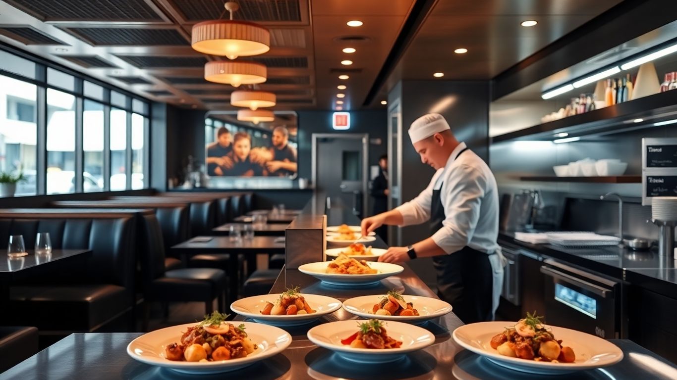 Chef preparing gourmet food in a modern diner.