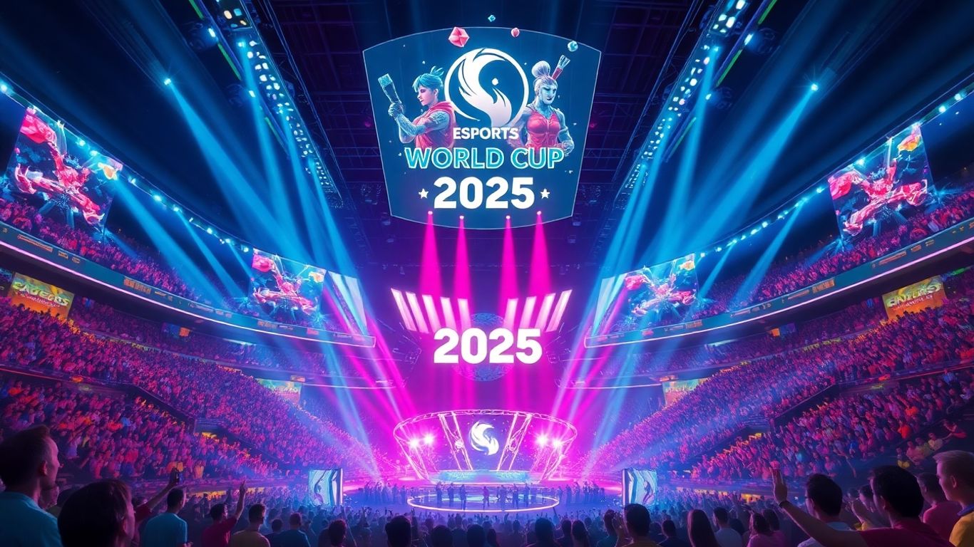 Esports World Cup 2025 arena with holographic game characters.