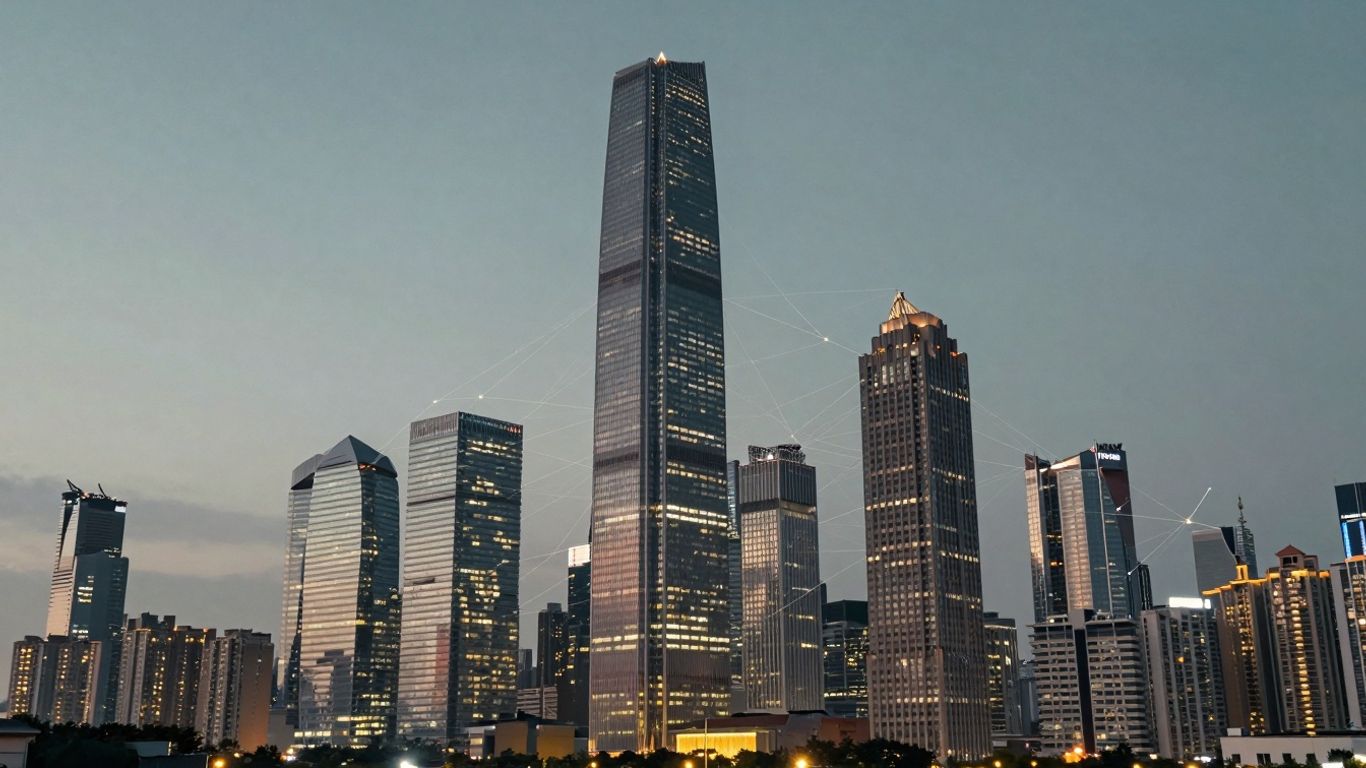 Cityscape with glowing connections, investment banking future