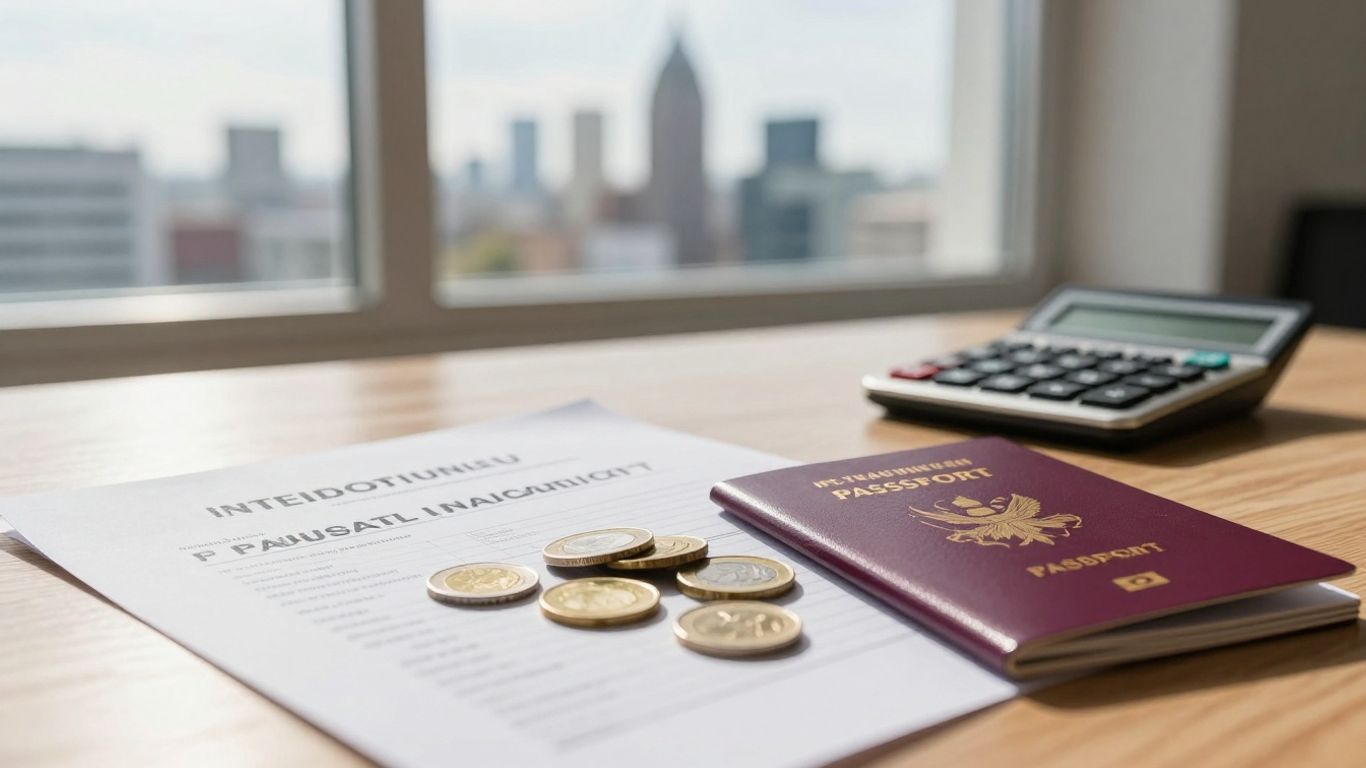 German cityscape with financial documents and passport.