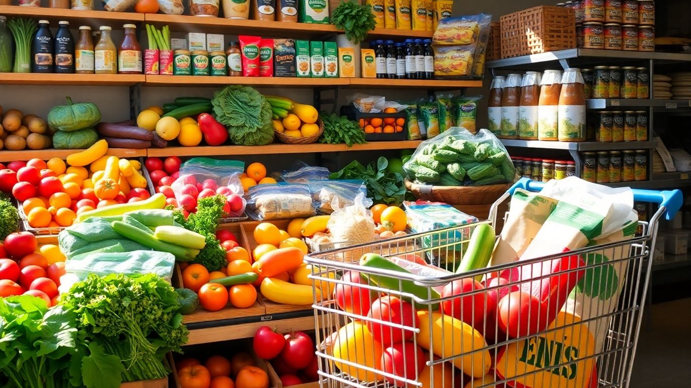 Promotions Delhaize avec des produits d'épicerie frais et un caddie.