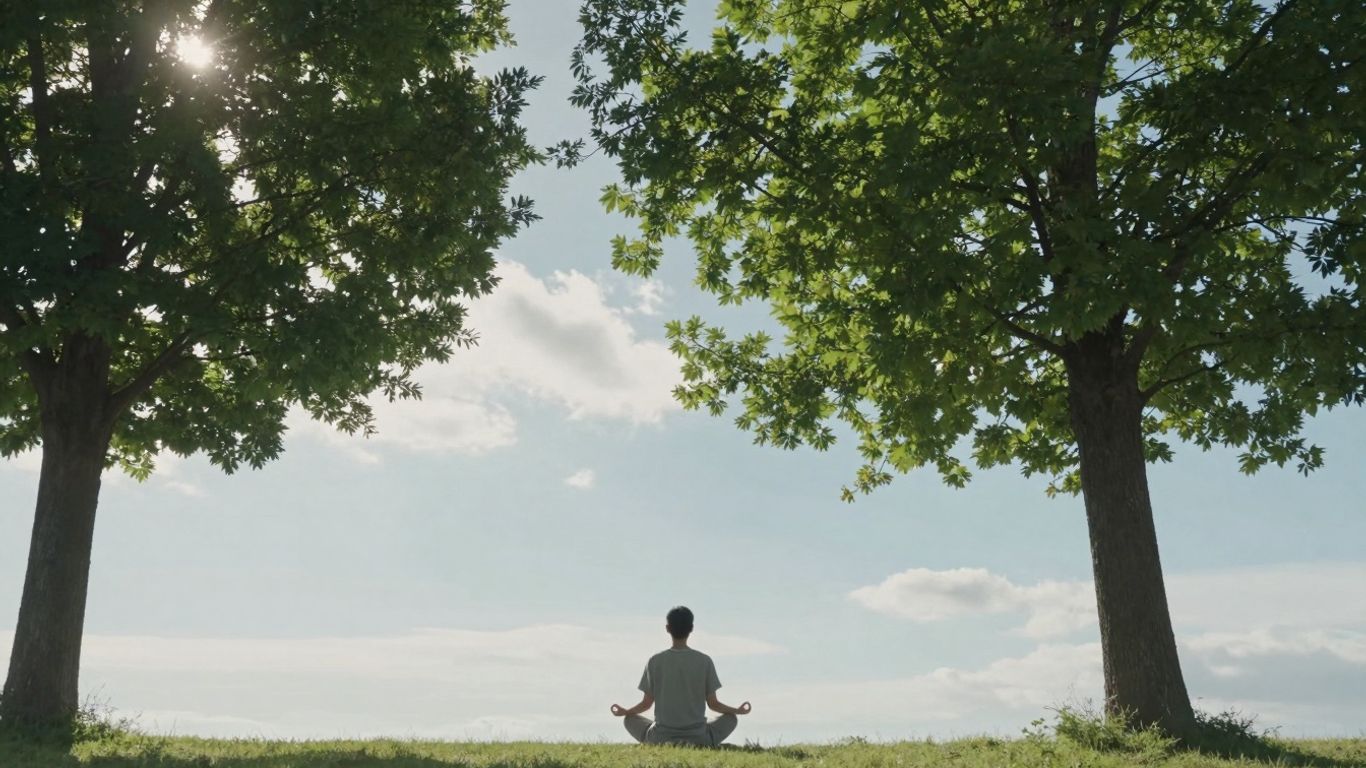 Person meditiert friedlich in ruhiger Naturlandschaft.