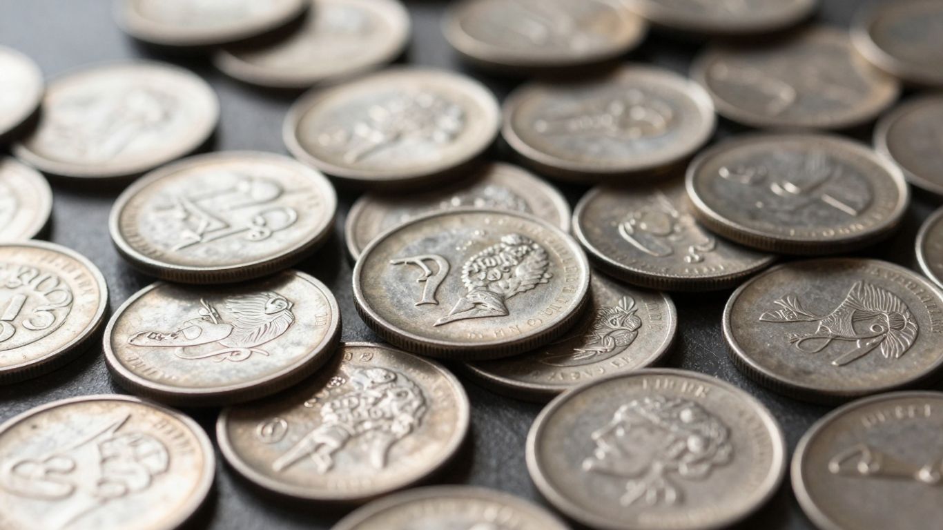 Pile of tarnished silver coins with visible dates.