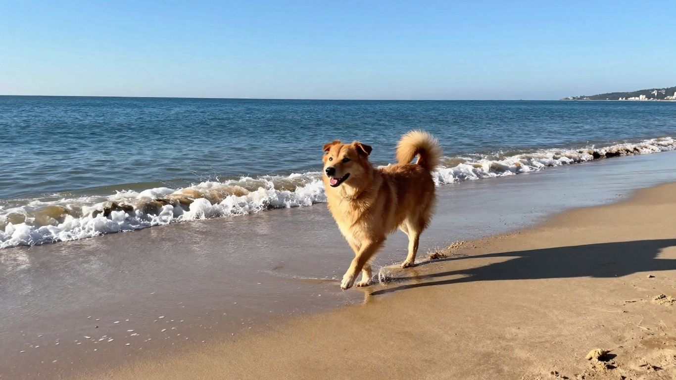 Hond rent vrolijk op het strand bij de zee.