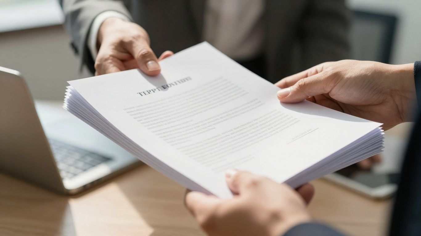 Hands exchanging property transaction documents.