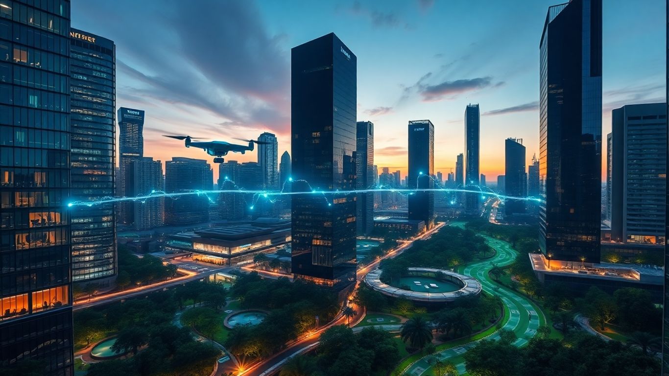 Futuristic smart city with glowing data streams and drones.
