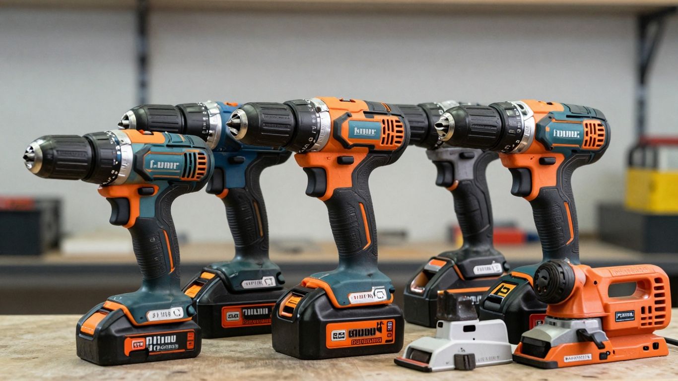 Modern cordless power tools arranged for a professional photograph.