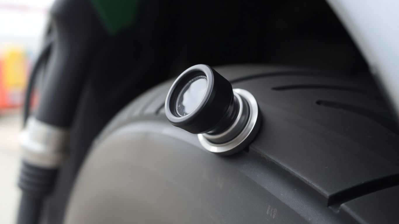 Tire valve cap on a car tire, possibly leaking air.